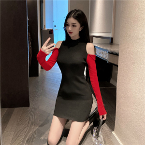 Autumn winter net red new sexy color matching off shoulder slim knit dress