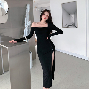 European and American style slant shoulder sexy off shoulder button high waist slit slim long dress