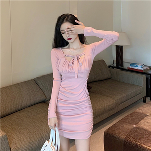 Autumn new style square neck bandage design wrinkle tight buttock Long Sleeve Dress