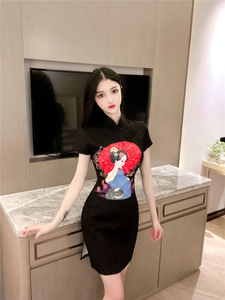 Fashion personality beauty head print short sleeve slim slit modified dress