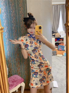 Retro short printed cartoon women’s cheongsam dress