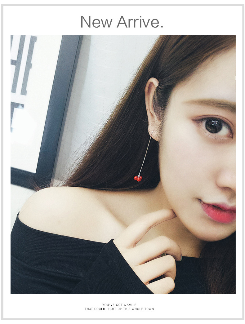 恋美红色耳钉耳环女韩国耳线长款气质银吊坠简
