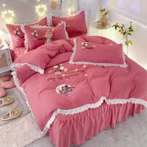 Ins cotton bed non-slip bed skirt four-piece set simple European style padded cotton bed sheet quilt cover princess wind bedding 4