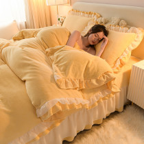 Light luxury milk double-sided padded plus velvet four-piece anti-static lace sheet flannel coral bed three-piece set