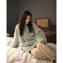 Simple careful machine ~ asymmetric pocket design pajamas womens autumn and winter coral velvet solid color thick warm set