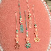 Original design cute girl pink blue flower pearl bear mobile phone chain pendant pendant net red