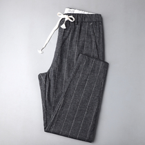 home daily autumn thin cotton hemp pants Mens Youth striped casual pants straight trendy Joker long pants