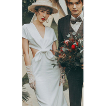 Sexy v-neck evening dress female 2020 new simple retro satin annual meeting party socialite dress temperament noble