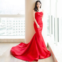 Temperament bandeau evening dress wine red socialite high-end gas field Queen Annual Meeting party slim fishtail toast dress woman