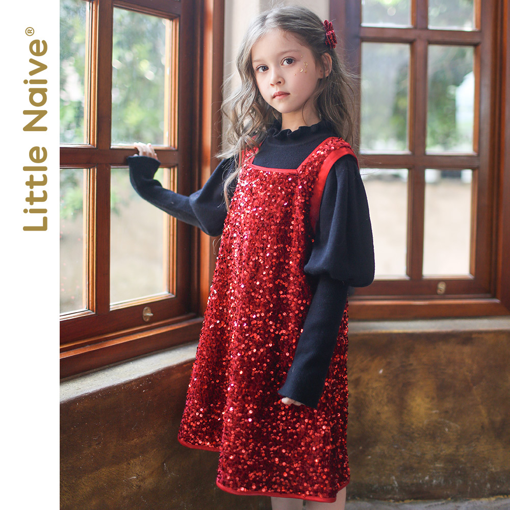 LittleNaive autumn and winter models velvet sequins girls vest skirt big children's one-year-old red foreign style dress