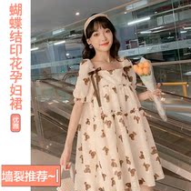 Foreign air-reduced-age pregnant woman with dress 2021 Summer new Korean version butterfly knot printed little sub-temperamental pregnant woman dress