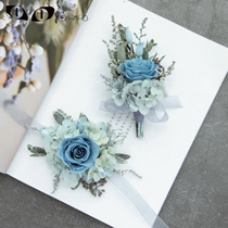 Groom corsage Immortal flower Haze Blue real flower Rose Wedding brooch Wedding jewelry Bride wedding wrist flower