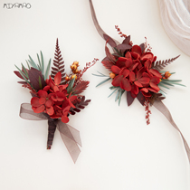 Deep red Chinese wedding groom marries chest flower parent evergreen floral brides wrist flower show and accessories