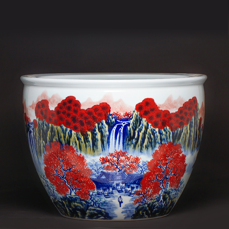 Jingdezhen ceramics aquariums large antique blue - and - white hand - made scenery household is suing big lotus lotus basin