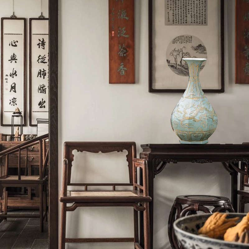 Jingdezhen ceramics, vases, flower arrangement sitting room hand - made paint shadow blue okho spring Chinese style restoring ancient ways is rich ancient frame furnishing articles