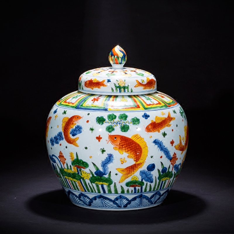 Jingdezhen ceramics imitation Ming vase sitting room home decoration furnishing articles hand - made pastel archaize fish algae general grain tank