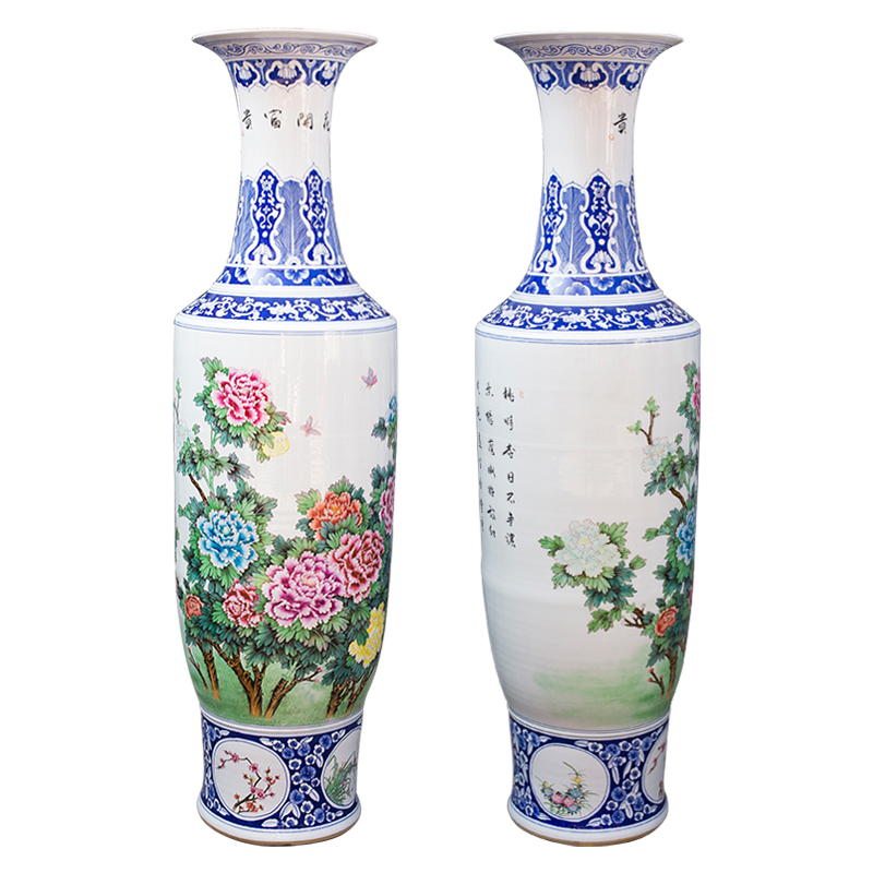 Blue and white porcelain of jingdezhen ceramics manual hand - made peony of large vases, Chinese style living room decoration villa furnishing articles