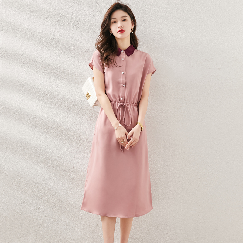 2022 new French dress women's summer harvest waist niche design sense short sleeve fashion leisure temperament A-line skirt (20509:28316:size:L;1627207:28323:Color classification:Pink)