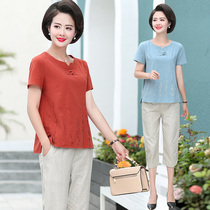 Middle-aged womens dress summer clothing cotton linen T-shirt short sleeve suit Two sets of middle-aged moms loaded with loose big code foreign air