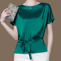 Silk coat women 2021 summer thin belly cover belly short sleeves foreign atmosphere noble mother Silk Silk solid color shirt