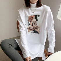 Ripped mid-length fleece long sleeve t-shirt women's white 2022 turtleneck bottoming shirt women's autumn winter inner western style top