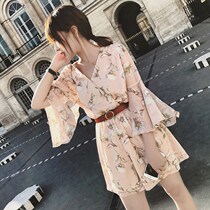2018 New Summer high waisted chiffon floral jumpsuit womens shorts slim wide leg pants fashionable dress pants