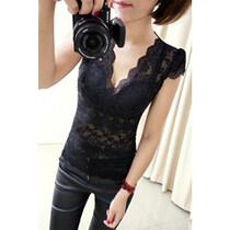 2017 New Womens V neck hollow lace long sleeve slim top base shirt sexy versatile shirt