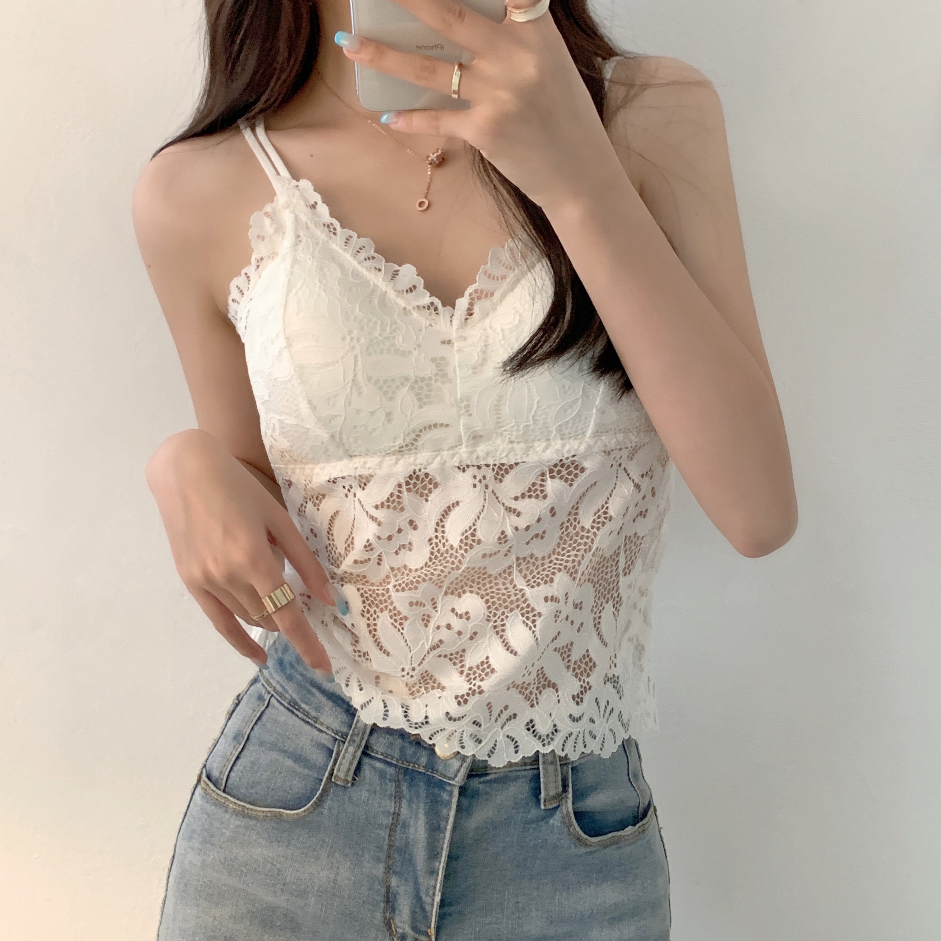 实拍实价 法式蕾丝美背吊带背心可拆胸垫性感文胸抹胸内搭上衣