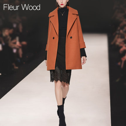 fleurwood2017秋冬新款女欧美气质宽松大翻领中长款毛呢外套大衣