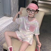 Girls foreign sports suit clothes 2021 New Korean version of the childrens net Red Girl two clothes summer