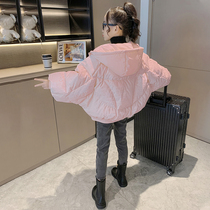 Girls white bat sleeve short down jacket 2021 Winter new children Girls winter style hooded jacket
