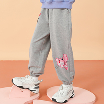 Pink Leopard Girls Loose Casual Pants Spring and Autumn 2021 New Korean Fashion Childrens Clothing Autumn Cotton Pants Tide