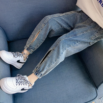 Girls spring and autumn loose jeans tide 2021 New Fashion children Foreign style pants girls explosive Hareen pants autumn