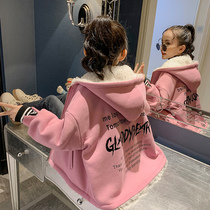 Girls autumn and winter thick cardigan sweater 2021 new children Foreign style winter clothes plus velvet jacket warm coat