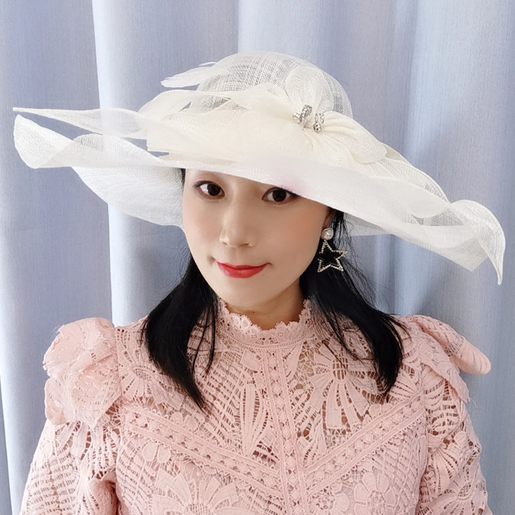 防紫外线大沿麻纱帽子亚麻优雅花朵大檐遮阳帽女士沙滩防晒摄影楼