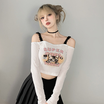 WEEKEEP pure desire hot girl kitty printed with a shoulder harness T-shirt woman seduces sexy dew back long sleeve blouses