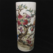Republic of China annual pastel pastel Jiuzi climbing peach tube old porcelain home decoration ornaments antique collection antique art