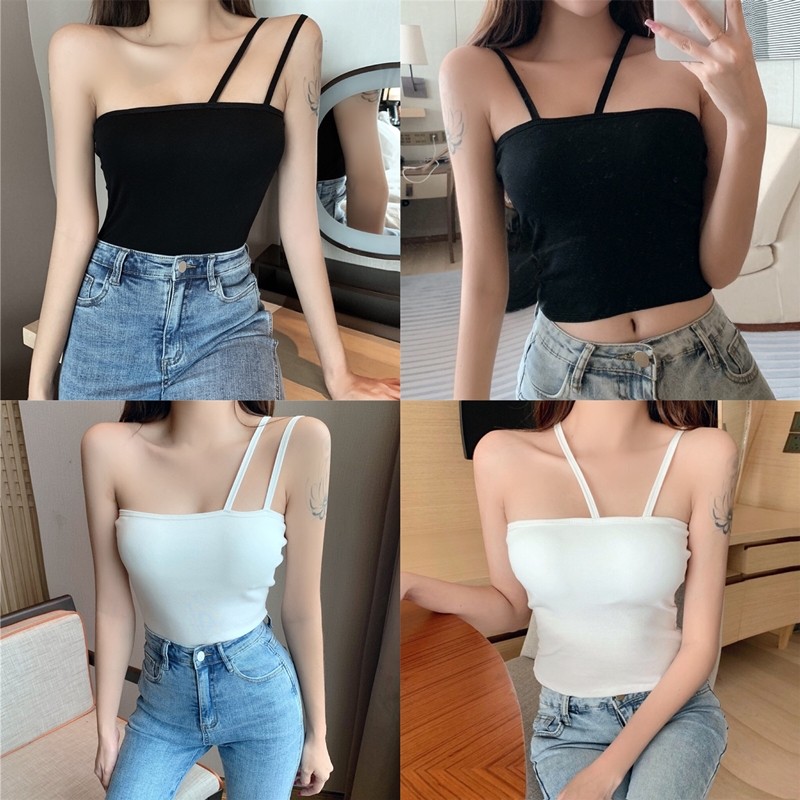 实拍实价~黑色性感斜肩平领小吊带抹胸上衣女内搭外穿小背心