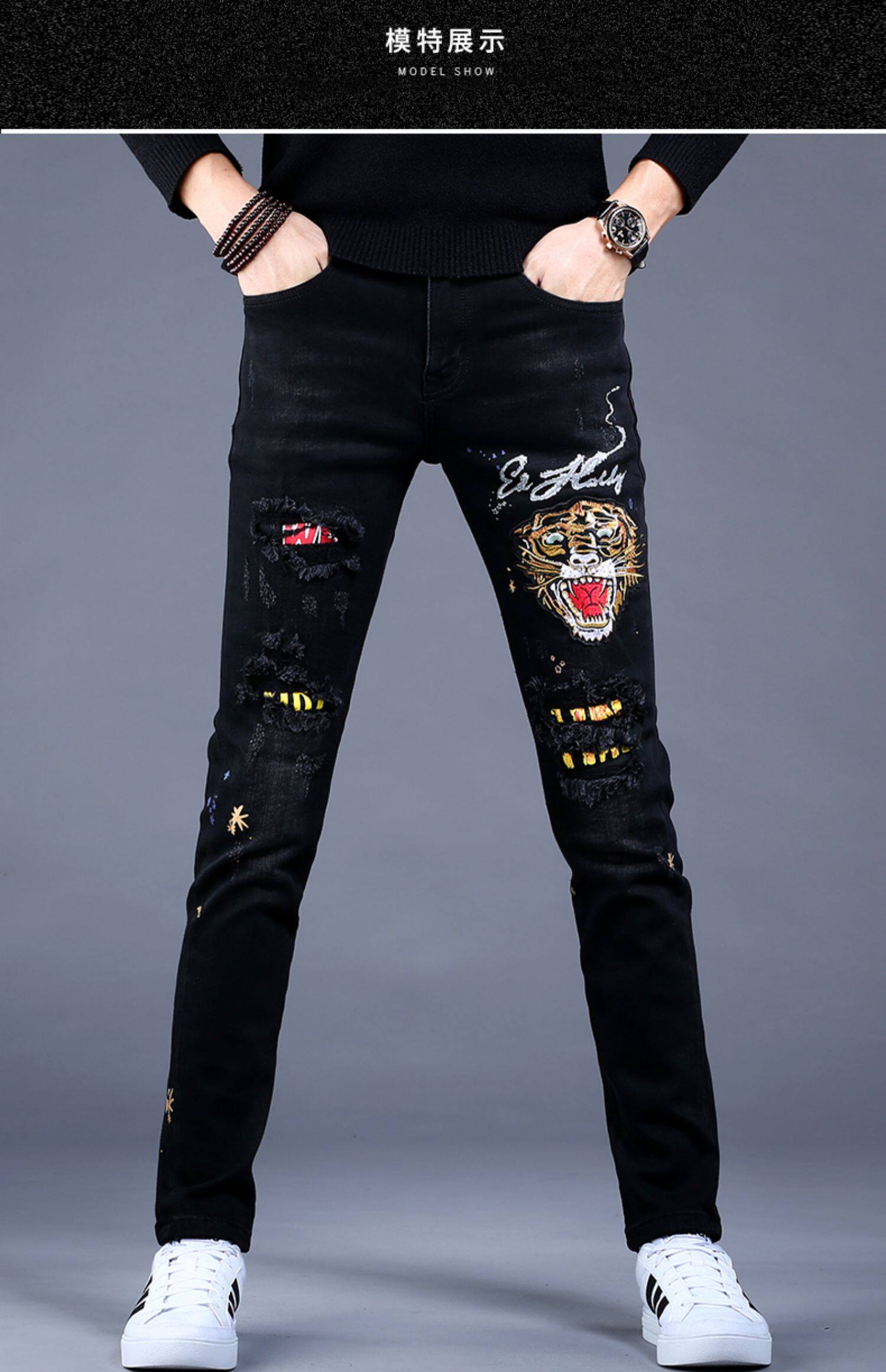 2021新款男士刺绣花牛仔裤男潮牌秋冬季加绒休闲潮牌修身小脚裤子