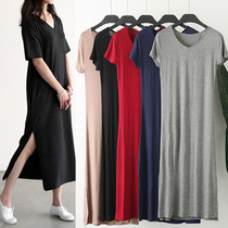 Modal dress women 2020 Summer new short sleeve V-neck dress slim A- line dress side split base skirt