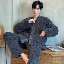 Extremely minimalist ~ jumbo-type mens autumn winter flannel pyjamas thickened cardiovert clothes