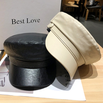 Net Red Hat female autumn and winter Korean version of PU leather navy hat Japanese Joker British retro solid color leather hat beret