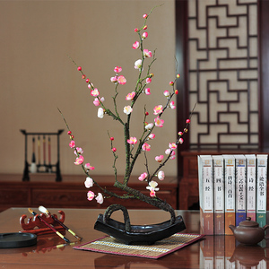 新中式梅花仿真花套装腊梅根雕假花摆件家居客厅书房玄关花艺摆设