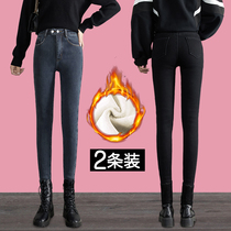 Black plus velvet padded jeans women autumn and winter 2021 New High waist slim wearing tight small feet pants