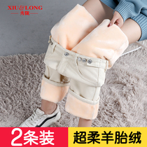 Rice White plus velvet jeans womens tide straight tube loose autumn and winter clothes 2021 New High waist slim wide leg pants