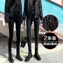 Black Plus Suede Jeans Woman 2021 New Autumn Winter High Waisted Lady Slim Fit Warm Little Feet Pants