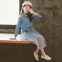 Girl Suit Spring Dress 2023 New Denim Jacket Korean version CUHK Girl net yarn Girls dress Two sets of childrens clothing