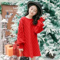Girl New Year Red Sweater Dress Dress 2019 Autumn Winter New CUHK Childrens Princess Dresses Children Princess Dresses Dresses