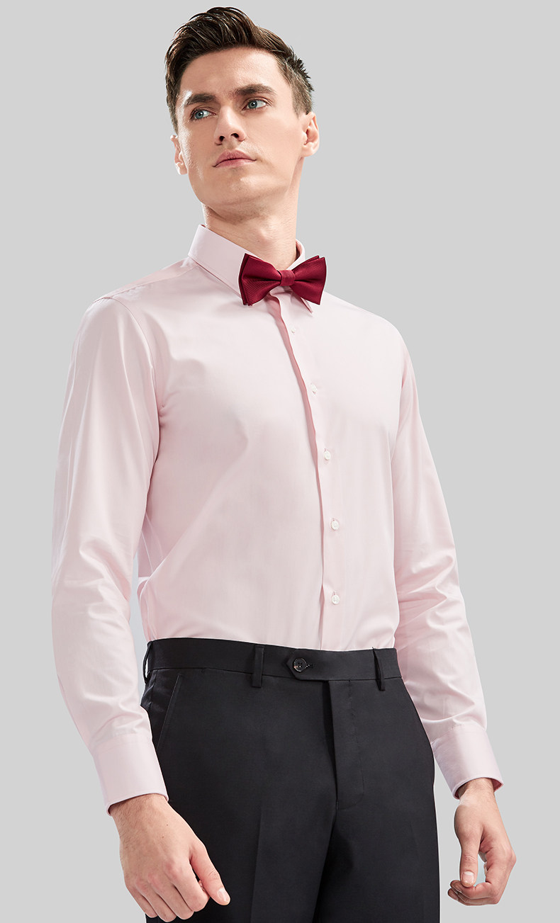 欧说粉色衬衫男士长袖商务正装西装寸衫新郎结婚领结衬衣男修身型衬衫