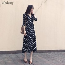 HOLICMY Spring Black Polka Dot Skirt Korean Style V-neck Slim Fit Long Sleeve Dress